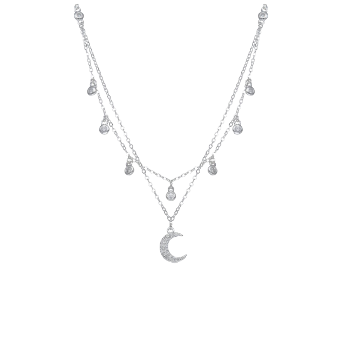 Collar Selene – Cadena Doble de Plata 925 con Media Luna y Circones